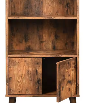 Retro Boekenkast met Deuren – 3 Niveaus & Massief Houten Poten