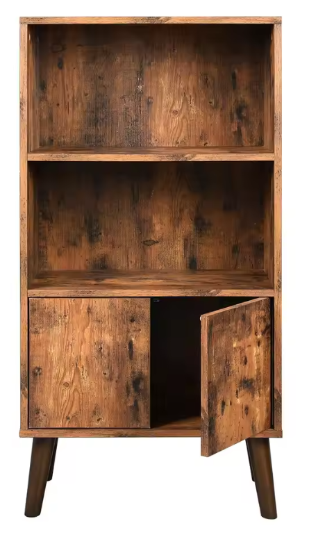 Retro Boekenkast met Deuren – 3 Niveaus & Massief Houten Poten