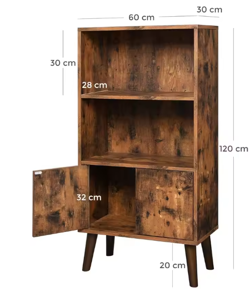 Retro Boekenkast met Deuren – 3 Niveaus & Massief Houten Poten