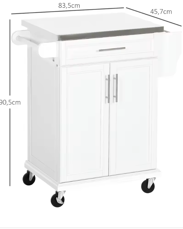 Keukeneiland met Lade, Kast & Wielen – RVS Blad, 83,5x45,7x90,5 cm