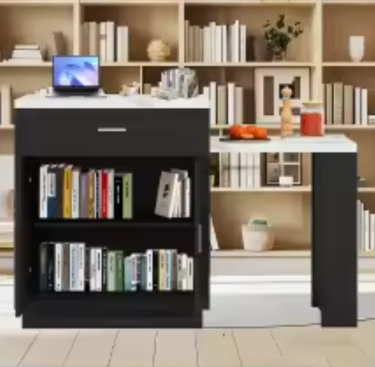 Uitschuifbaar Keukeneiland met Eettafel, Opbergkast & Stopcontact – 211x55x89,5 cm