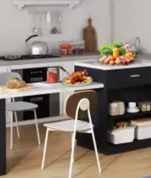 Uitschuifbaar Keukeneiland met Eettafel, Opbergkast & Stopcontact – 211x55x89,5 cm