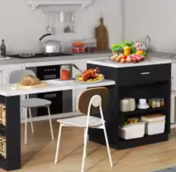 Uitschuifbaar Keukeneiland met Eettafel, Opbergkast & Stopcontact – 211x55x89,5 cm