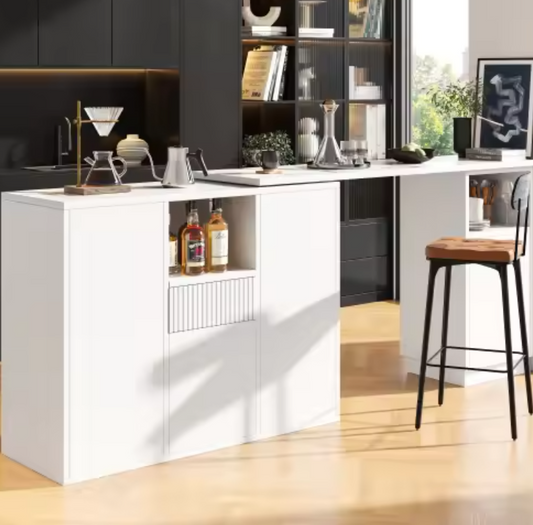 360° Draaibare Bartafel – Zwart MDF met Marmeren Blad & Opbergruimte