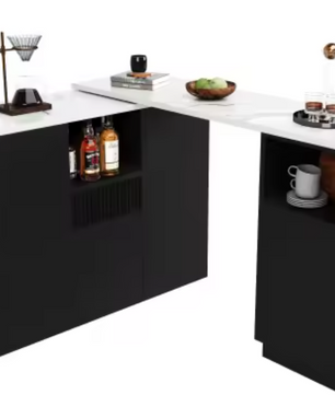 360° Draaibare Bartafel – Zwart MDF met Marmeren Blad & Opbergruimte
