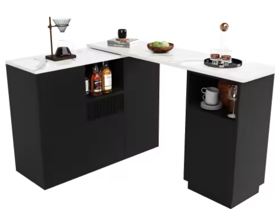 360° Draaibare Bartafel – Zwart MDF met Marmeren Blad & Opbergruimte