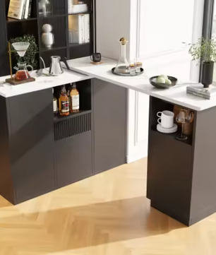 360° Draaibare Bartafel – Zwart MDF met Marmeren Blad & Opbergruimte