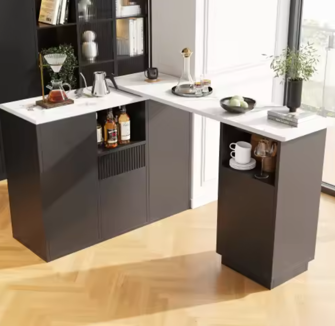 360° Draaibare Bartafel – Zwart MDF met Marmeren Blad & Opbergruimte