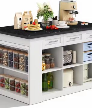 Multifunctioneel Keukeneiland met Uittrekbare Eettafel – Zwart/Wit Marmerlook, 150 cm