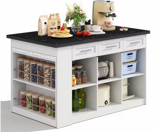 Multifunctioneel Keukeneiland met Uittrekbare Eettafel – Zwart/Wit Marmerlook, 150 cm