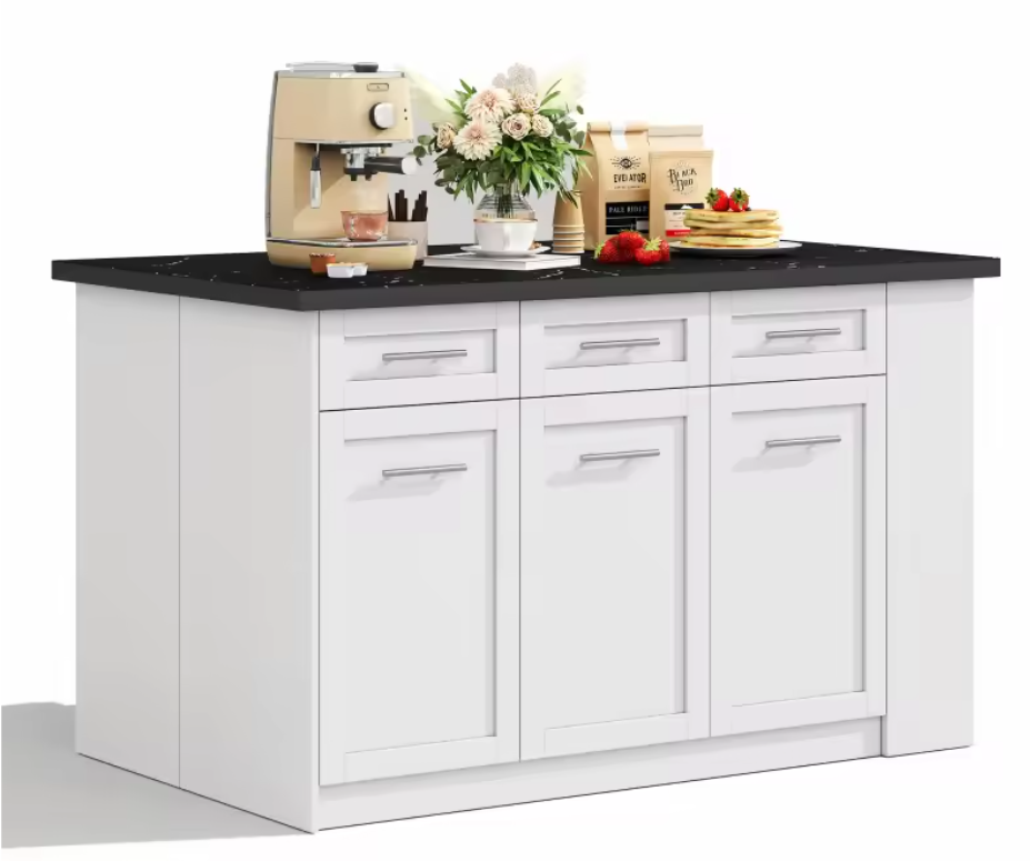 Multifunctioneel Keukeneiland met Uittrekbare Eettafel – Zwart/Wit Marmerlook, 150 cm