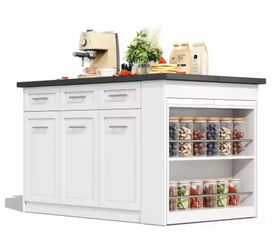 Multifunctioneel Keukeneiland met Uittrekbare Eettafel – Zwart/Wit Marmerlook, 150 cm