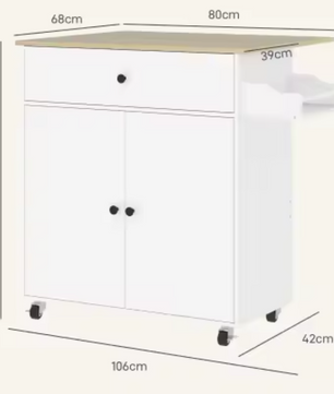 Keukeneiland op Wielen met Klapblad – Kast, Lade & Planken, 106 cm