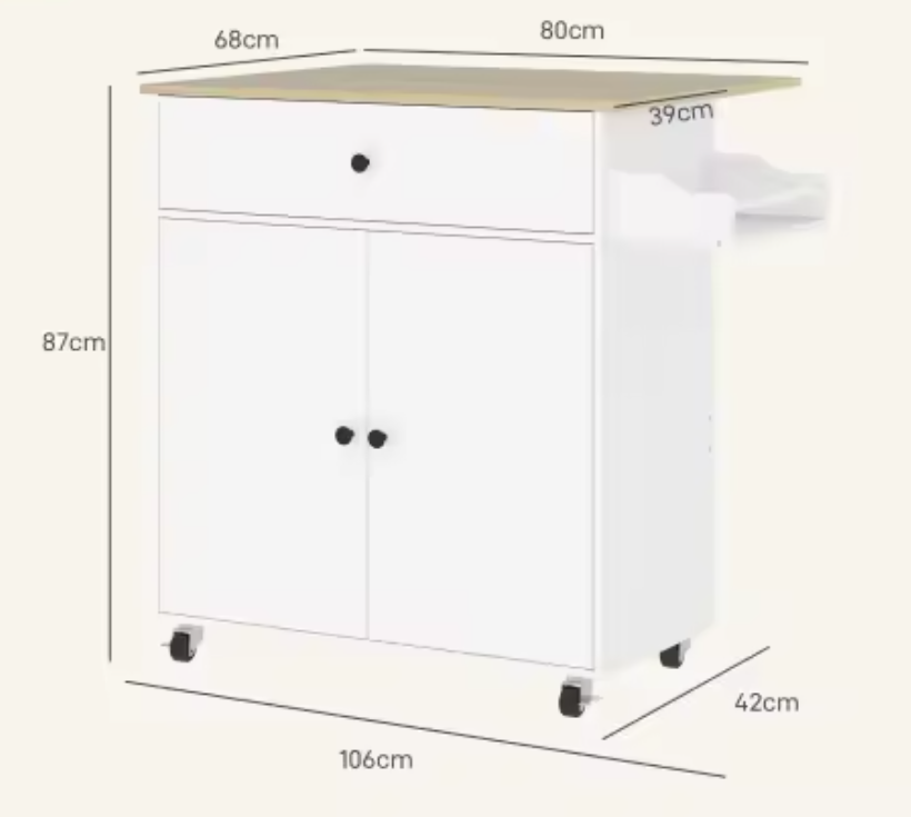 Keukeneiland op Wielen met Klapblad – Kast, Lade & Planken, 106 cm