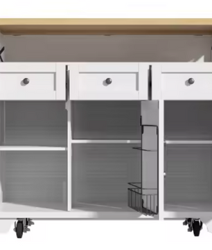 Keukeneiland op Wielen met Klapblad – 118 cm Hoog, Houtlook & IJzeren Details