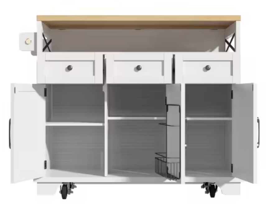 Keukeneiland op Wielen met Klapblad – 118 cm Hoog, Houtlook & IJzeren Details