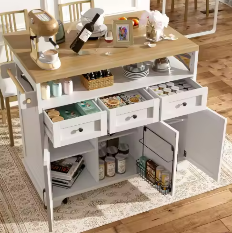Keukeneiland op Wielen met Klapblad – 118 cm Hoog, Houtlook & IJzeren Details