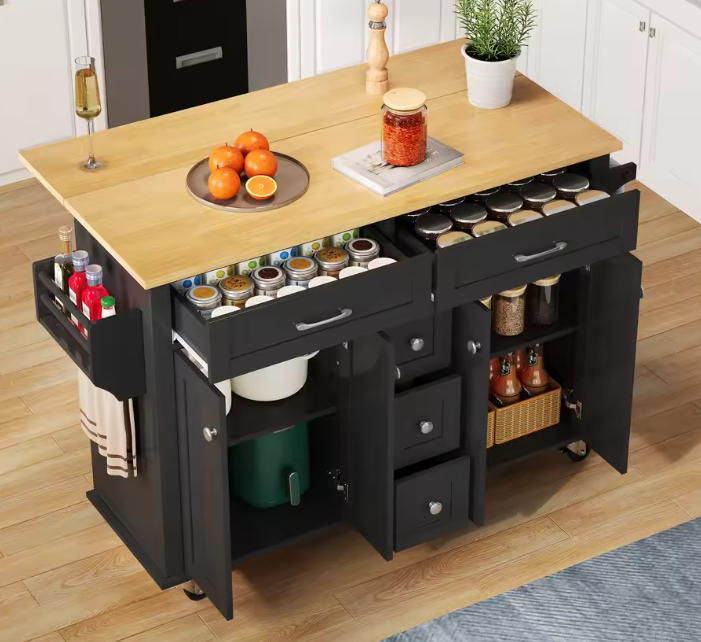 Keukeneiland met Klapblad & Opbergruimte – 140x40/65x89 cm, Mobiel en Multifunctioneel