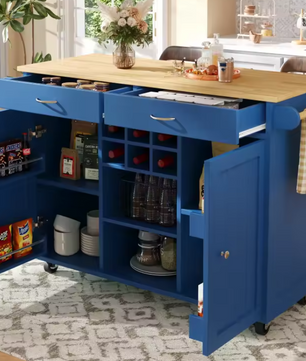 Multifunctioneel Keukeneiland met Wielen – 102x45x92 cm, Modern Ontwerp met Wijnrek & Opbergruimte