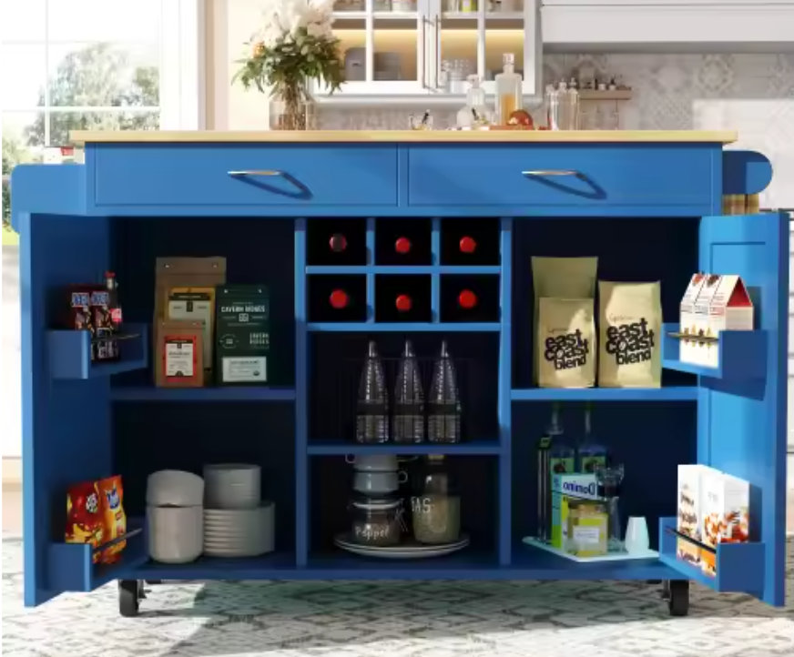 Multifunctioneel Keukeneiland met Wielen – 102x45x92 cm, Modern Ontwerp met Wijnrek & Opbergruimte