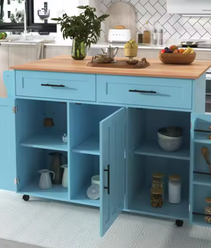 Multifunctioneel Keukeneiland op Wielen – 129x71x91,5 cm met Opklapblad & Opbergruimte