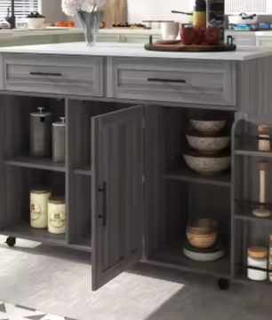 Multifunctioneel Keukeneiland op Wielen – 129x71x91,5 cm met Opklapblad & Opbergruimte