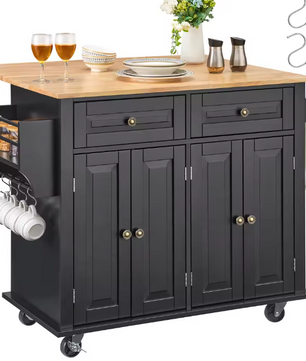 Mobiel Keukeneiland met Houten Blad & Opbergruimte – Zwart