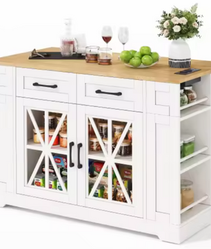 Draagbaar Keukeneiland met Opklapbare Tafel, USB & Glazen Deur – 120x65x92 cm