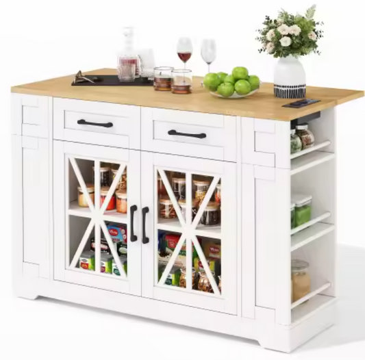 Draagbaar Keukeneiland met Opklapbare Tafel, USB & Glazen Deur – 120x65x92 cm