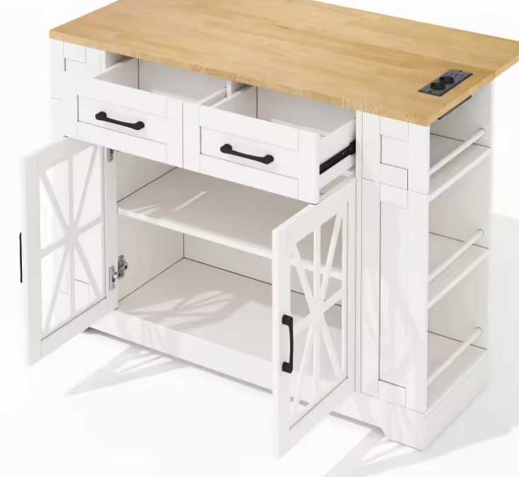 Draagbaar Keukeneiland met Opklapbare Tafel, USB & Glazen Deur – 120x65x92 cm