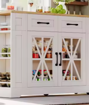 Draagbaar Keukeneiland met Opklapbare Tafel, USB & Glazen Deur – 120x65x92 cm