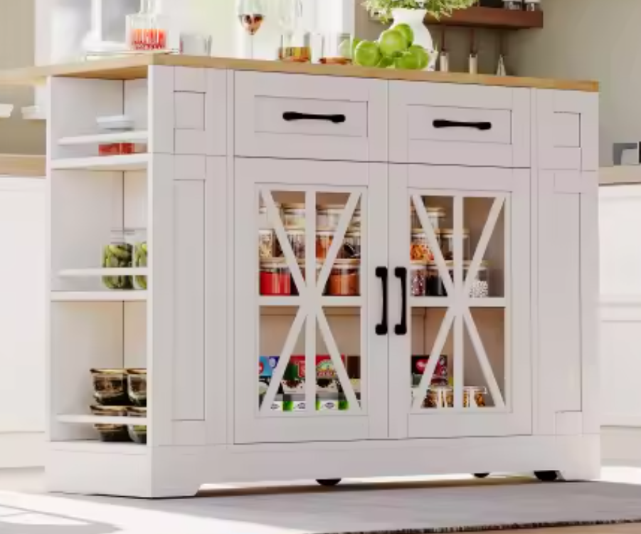 Draagbaar Keukeneiland met Opklapbare Tafel, USB & Glazen Deur – 120x65x92 cm
