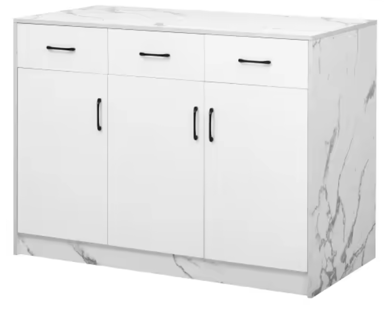 Groot Wit Keukeneiland – Marmerlook Blad, 3 Lades & 3 Kasten, 120x60x90,5 cm