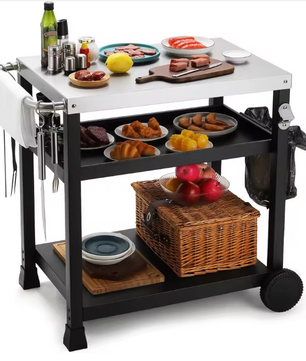 Grillwagen met RVS Blad – 3 Niveaus & Wielen, Voor Buitenkeuken of BBQ