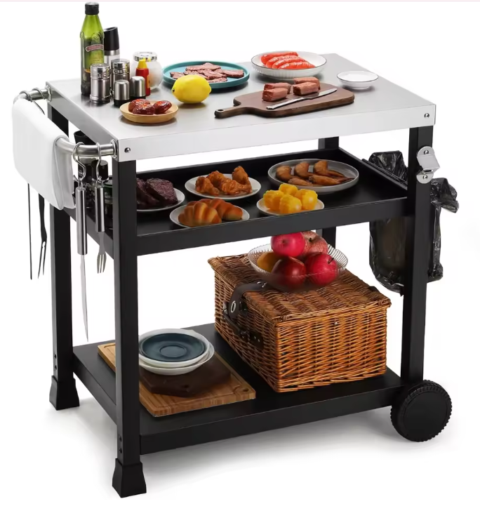 Grillwagen met RVS Blad – 3 Niveaus & Wielen, Voor Buitenkeuken of BBQ