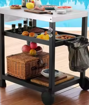 Grillwagen met RVS Blad – 3 Niveaus & Wielen, Voor Buitenkeuken of BBQ