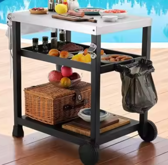 Grillwagen met RVS Blad – 3 Niveaus & Wielen, Voor Buitenkeuken of BBQ
