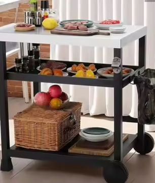 Grillwagen met RVS Blad – 3 Niveaus & Wielen, Voor Buitenkeuken of BBQ