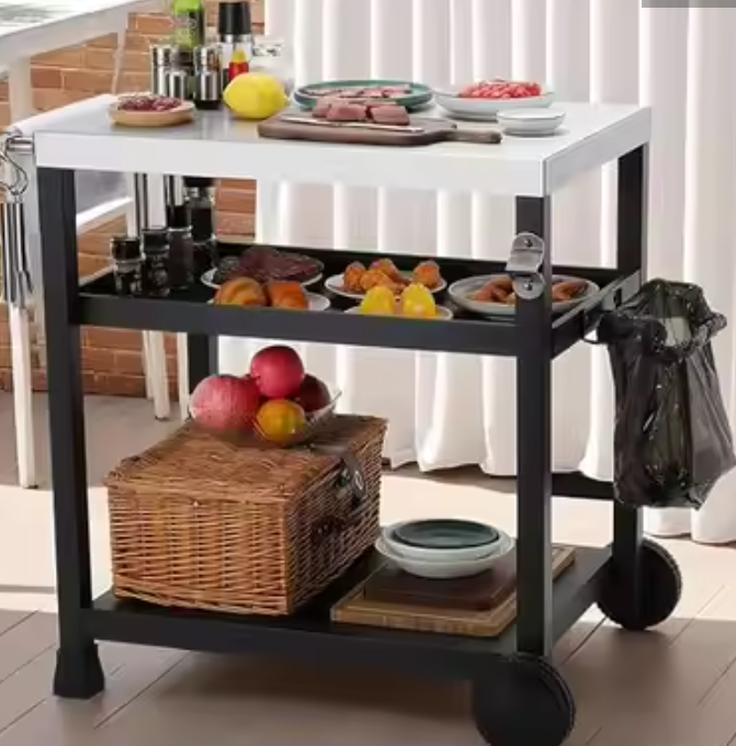 Grillwagen met RVS Blad – 3 Niveaus & Wielen, Voor Buitenkeuken of BBQ