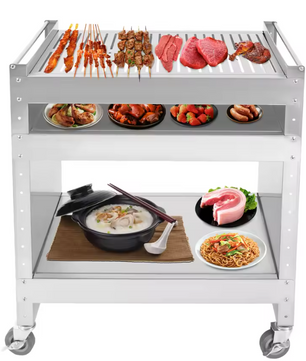 Roestvrijstalen Barbecue Trolley – 3 Lagen & Wielen, Mobiele Grilltafel voor Buiten BBQ & Kamperen
