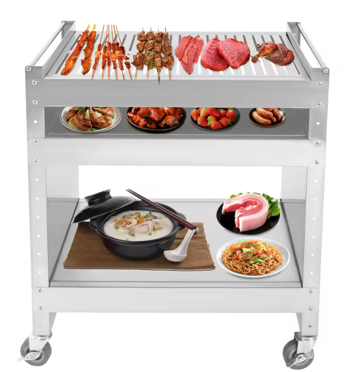 Roestvrijstalen Barbecue Trolley – 3 Lagen & Wielen, Mobiele Grilltafel voor Buiten BBQ & Kamperen