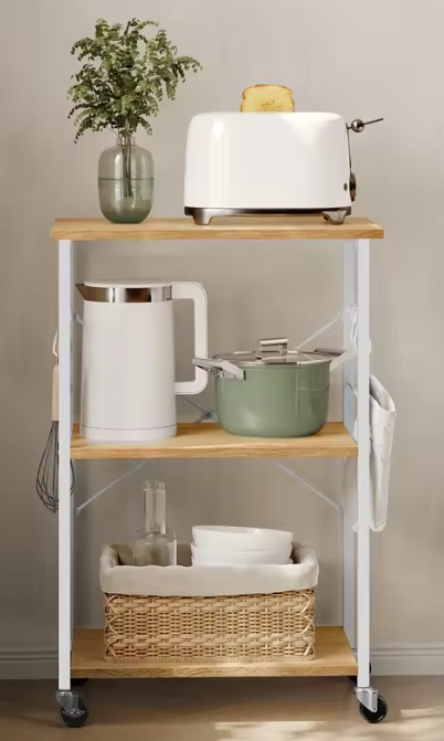 Keukentrolley met 3 Niveaus – Incl. 6 Haken & Wielen, 60 cm Breed
