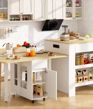 Uitschuifbare Bartafel met Opbergruimte – 110 tot 214 cm, Met Stopcontact & USB, Wit MDF
