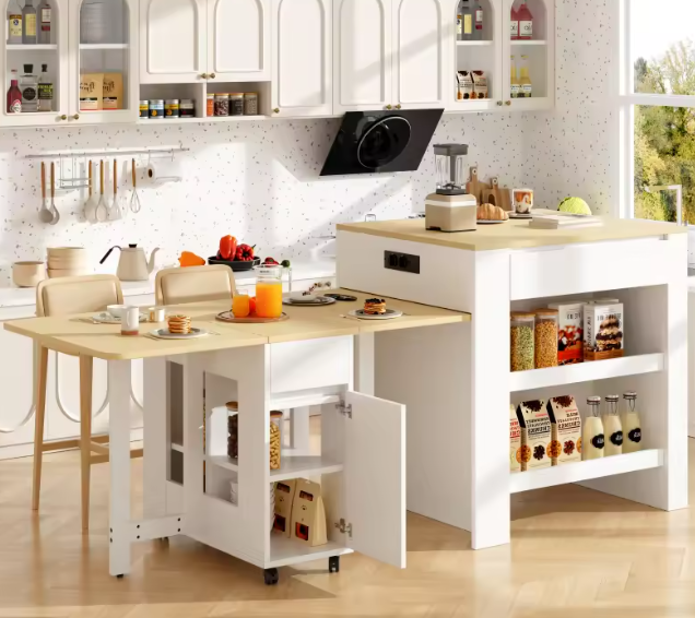 Uitschuifbare Bartafel met Opbergruimte – 110 tot 214 cm, Met Stopcontact & USB, Wit MDF