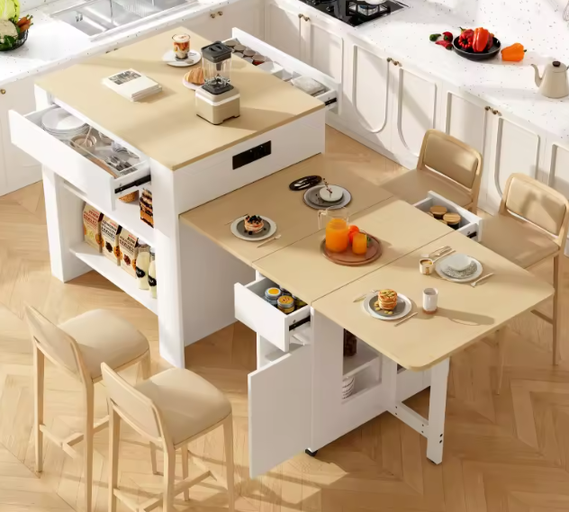 Uitschuifbare Bartafel met Opbergruimte – 110 tot 214 cm, Met Stopcontact & USB, Wit MDF
