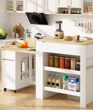 Uitschuifbare Bartafel met Opbergruimte – 110 tot 214 cm, Met Stopcontact & USB, Wit MDF