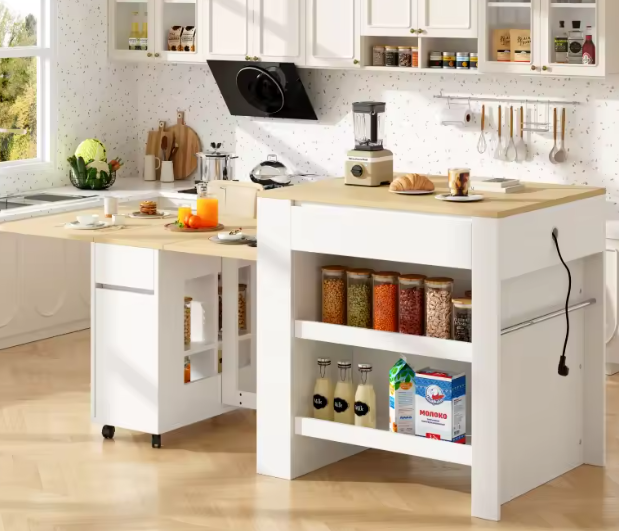 Uitschuifbare Bartafel met Opbergruimte – 110 tot 214 cm, Met Stopcontact & USB, Wit MDF