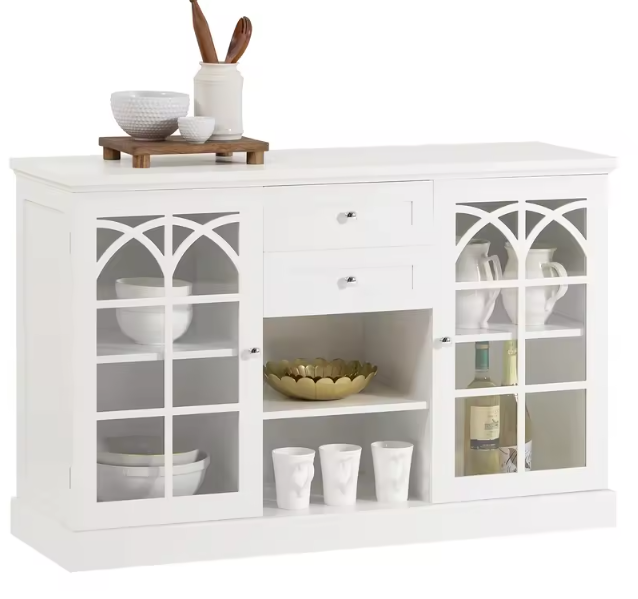 Dressoir met Glazen Deuren – 120 cm Buffetkast met Lades, Wit MDF