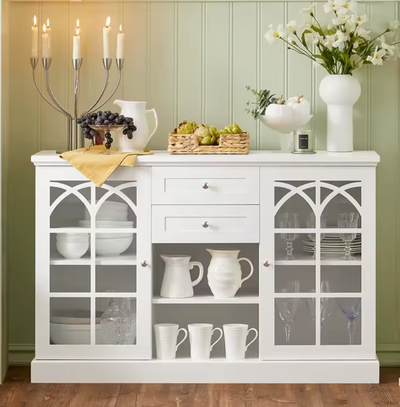 Dressoir met Glazen Deuren – 120 cm Buffetkast met Lades, Wit MDF