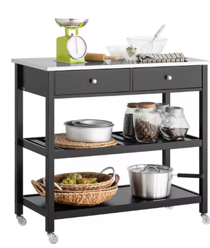 Keukenwagen met RVS Blad – 100 cm Trolley met Lades & Planken, Zwart
